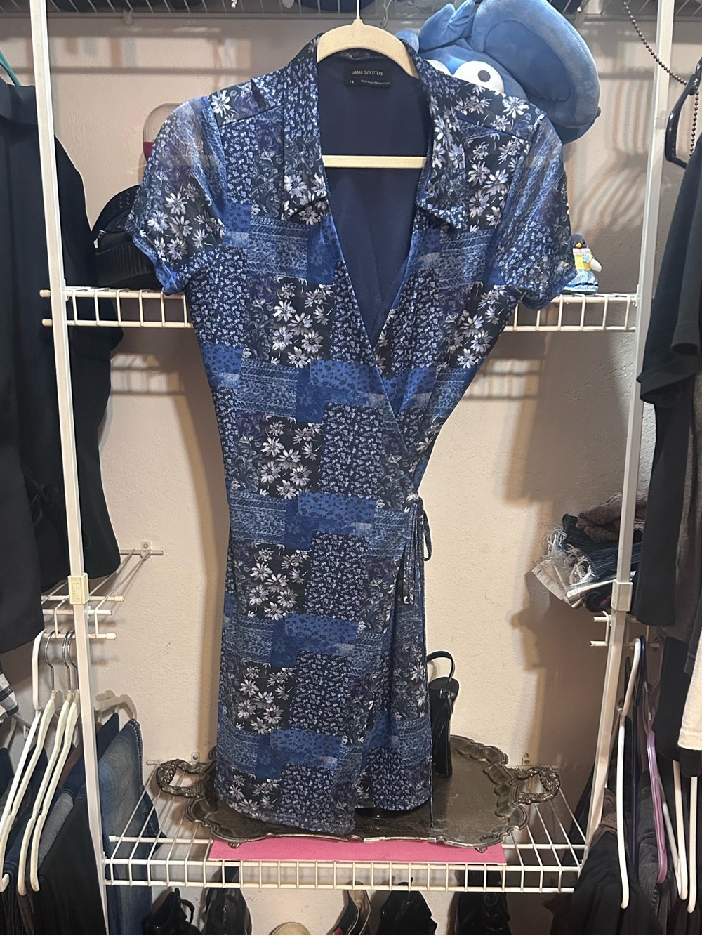 Urban Outfitters Blue Patchwork Floral Wrap Midi Dress